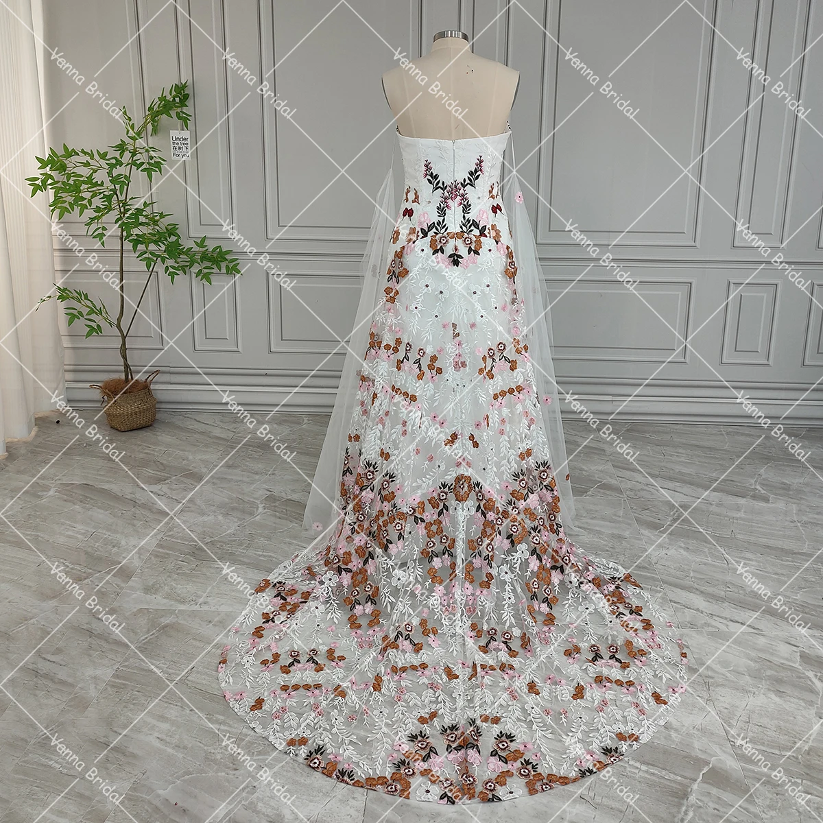 Abiti da sposa colorati con maniche lunghe svasate taglie forti Abiti da sposa con fiori ricamati con cerniera a cuore con sirena personalizzata