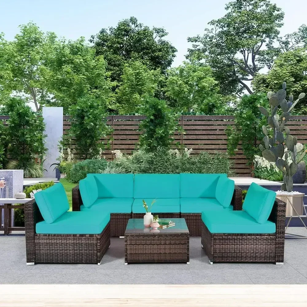 Turquoise 6-Piece Outdoor Patio Sectional Set with PE Rattan, Tempered Glass Coffee Table, and Cushions