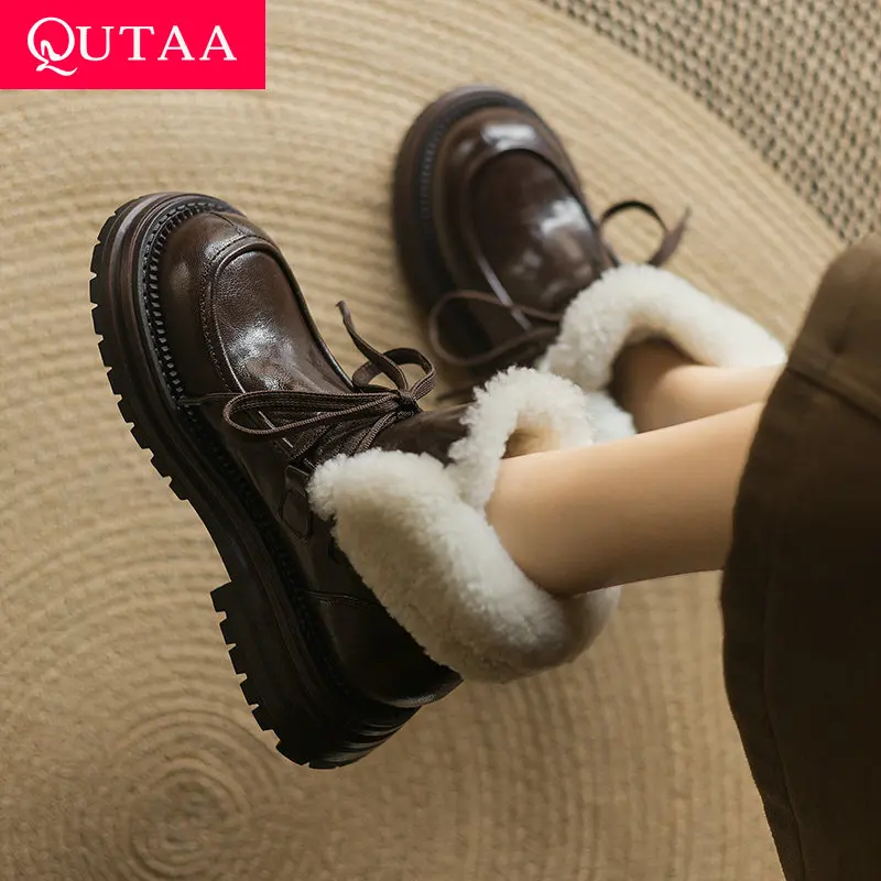 QUTAA 2025 News Women Snow Boots Round Toe Warm Wool Genuine Leather Ankle Boots Motorcycle Winter Low Heel Short Shoes 34-43