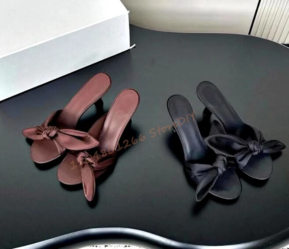 

Luxury Satin Bow Tie Knot 80Mm Heeled Sandals Shiny Banquet Women Shoes Stiletto Heels Sandals Woman High Heel Round Toe Shoes
