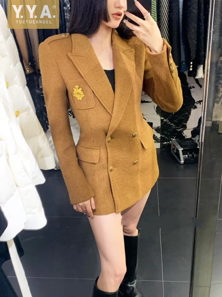 Blazer largo de lana con doble botonadura para mujer, chaqueta elegante con cuello de solapa, abrigo ajustado, traje de plumón cálido para oficina, invierno, nuevo