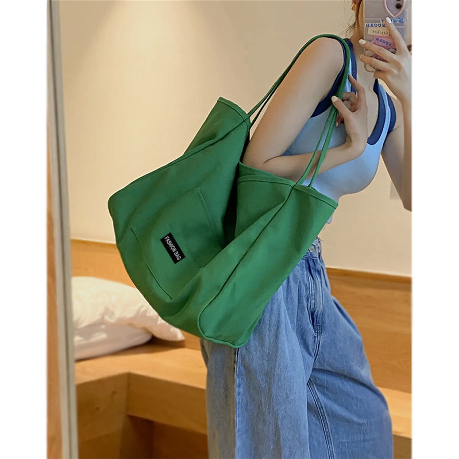 Canvas Print High Quality Shoulder Bag Women Simple Casual Handbags Large Capacity Reusable Shopping Bag Student Fashion Totes