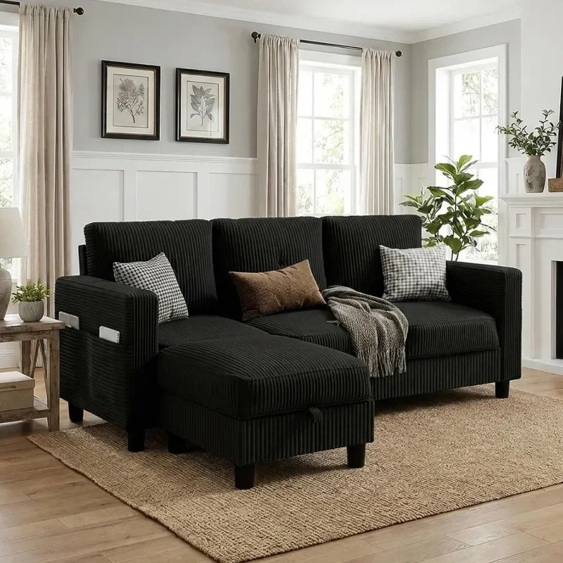 Convertible Sectional Sofa with Storage Ottoman, 77” L-Shaped 3-Seat Couch with Skin-Friendly Corduroy Fabric, Reversible Small