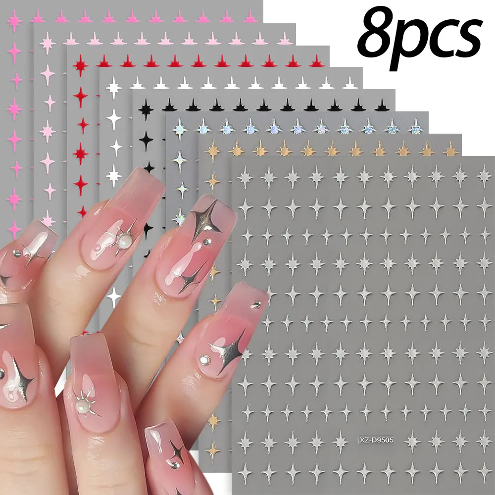8pcs/set  Shiny Gold Silver White Black Stars Nail Art Sticker 3D Laser Starlight Star Nail Decals Luxury Nail Transfer Decora %