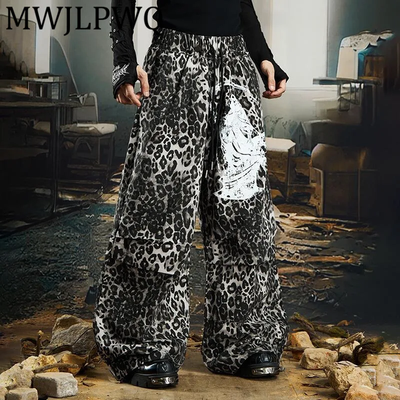 

MWJLPWQ Men's Niche Leopard Print Loose Wide-Leg Pleated Trousers Printed Casual American Street Style Chic Autumn Pants 12734