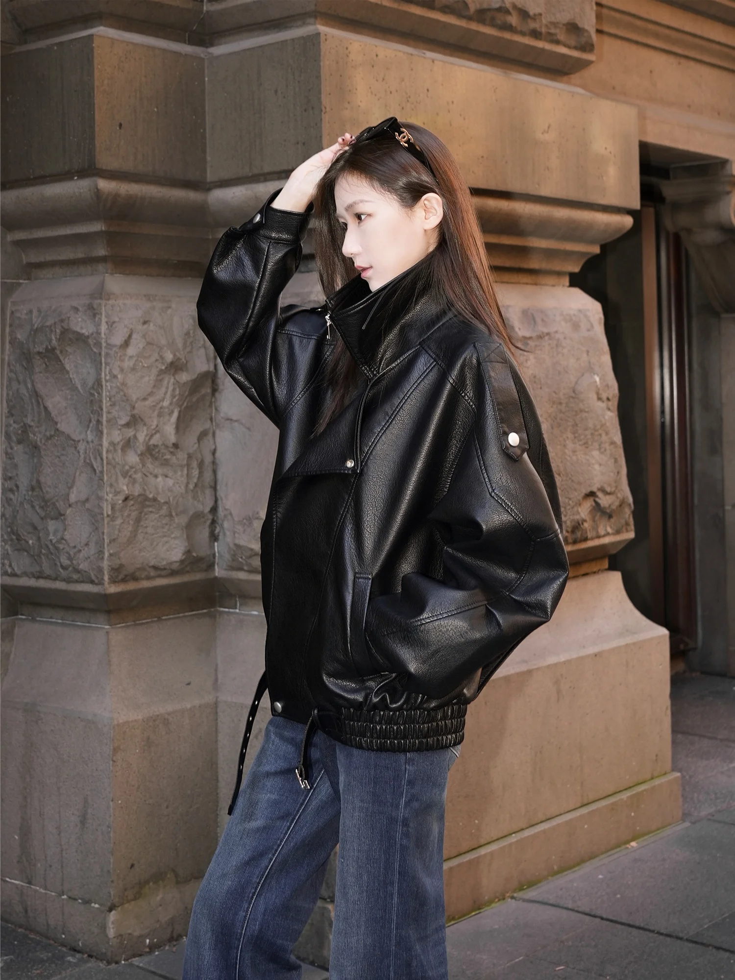 

Женская кожаная куртка Bla с двойным воротником, свободного кроя, в американском стиле, мотоциклетная куртка-косуха из искусственной кожи с длинными рукавами