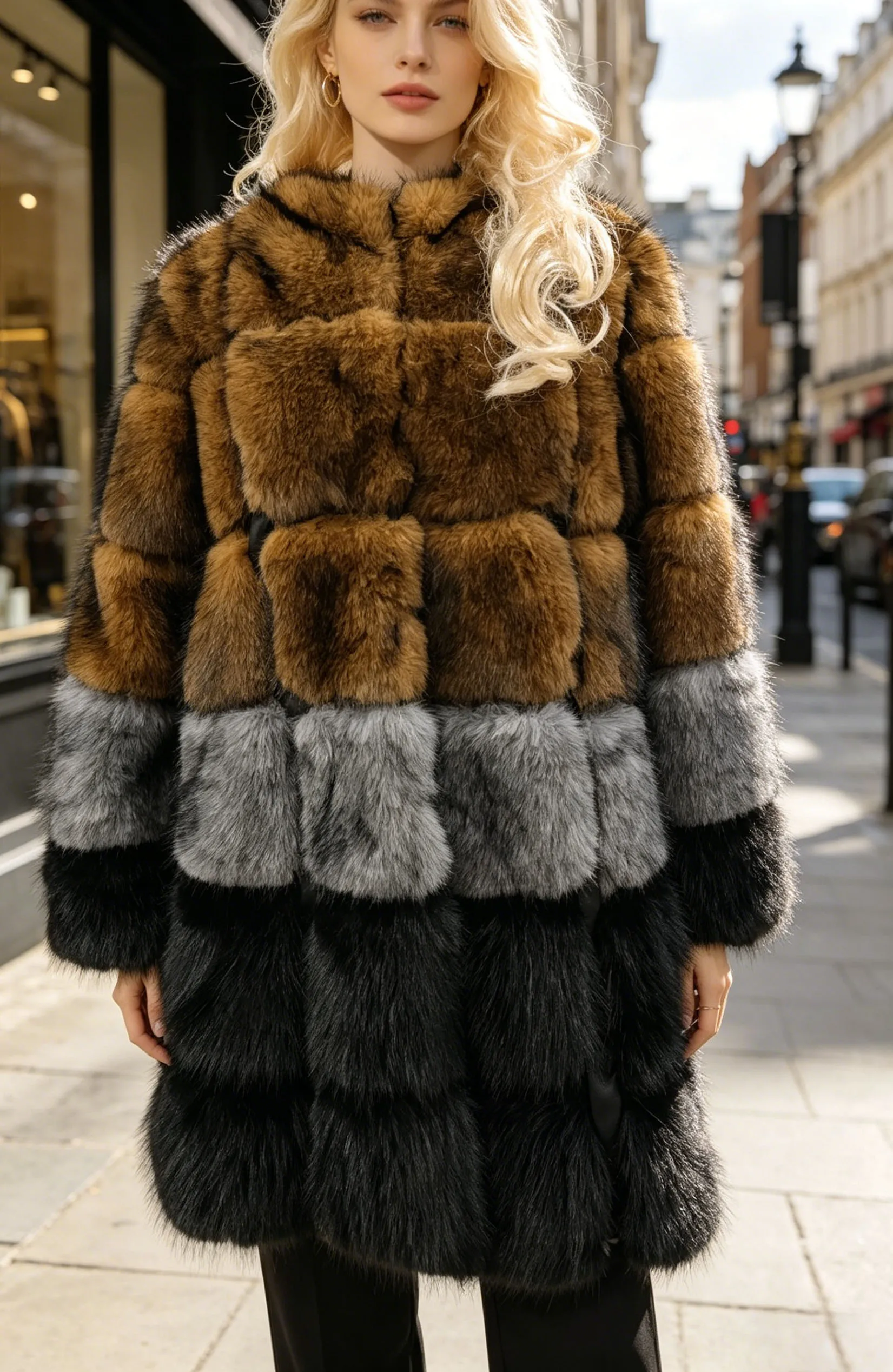 Women's Luxury Gradient Faux Fox Fur Mid-Length Coat Fluffy Warm Winter Jacket Elegant Outerwear for Daily Commute & Party