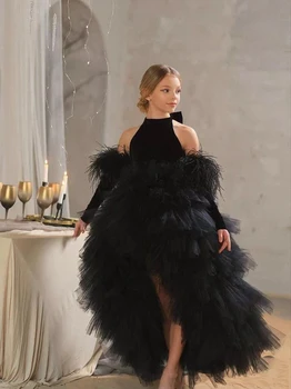 สีดําTulle PUFFYชุดสาวดอกไม้สําหรับงานแต่งงานกับโบว์วันเกิดPARTY BallประกวดFirst Communionชุดสําหรับหญิง