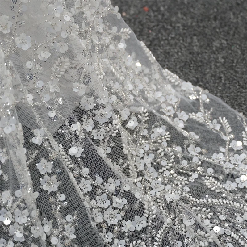 1 Yard Silver sequins Heavy Beading Bridal Mesh lace fabric, 3D petals Beading lace For Costume Design, Birthday Party Dress