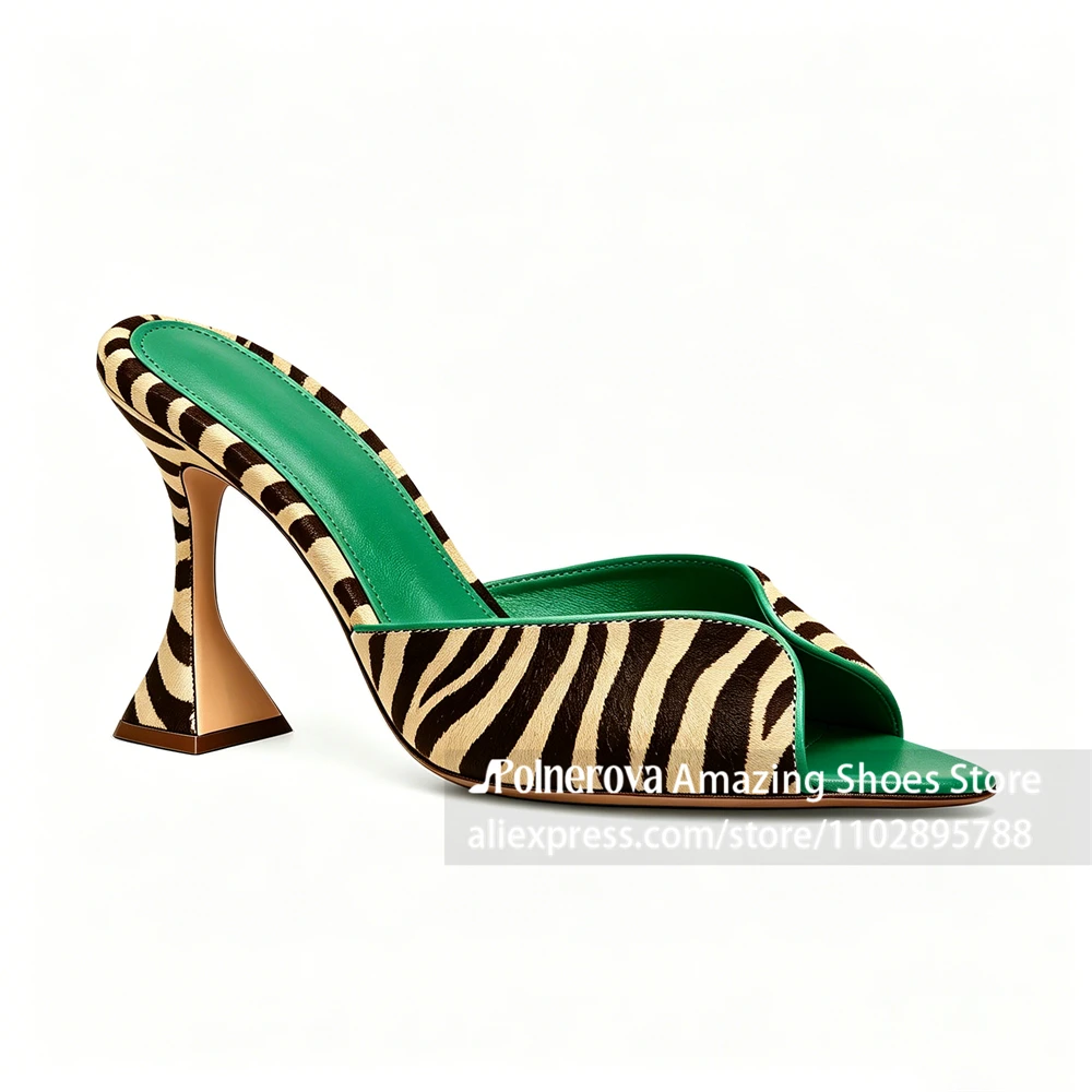 Black and Yellow Stripe Faux Pony Hair Mules Pointed Open Toe Flared Sculptural Heel Slippers Backless Slide Sandals for Summer