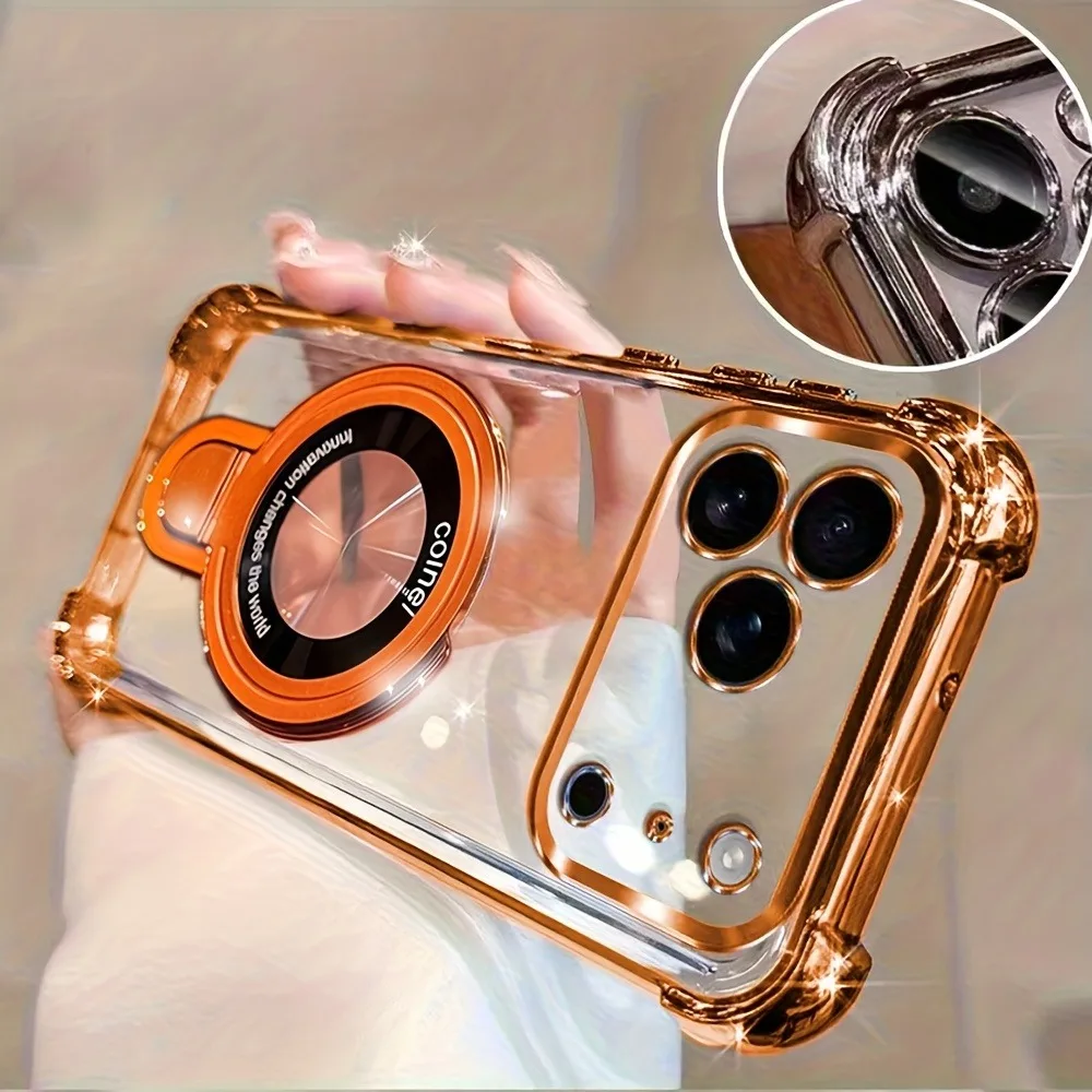Étui de téléphone de luxe transparent plaqué pour iPhone 18 17 16 15 14 Plus 12 13 18 Pro Max avec support magnétique et béquille