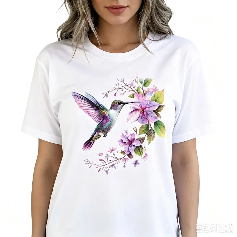 Watercolor Hummingbird Floral T-Shirt Women Modal Soft Short Sleeve Tee Oversized Boho Bird Casual Daily Outfit Nature Top
