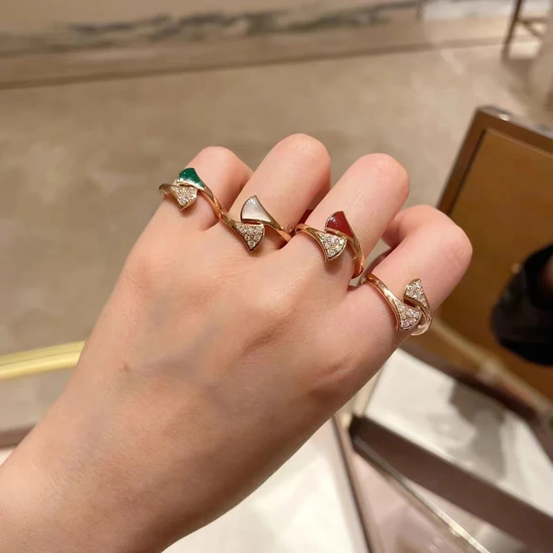 Rose gold inlaid with natural stone fan-shaped skirt zircon ring Women's personalized fashion luxury brand party Fine jewelry