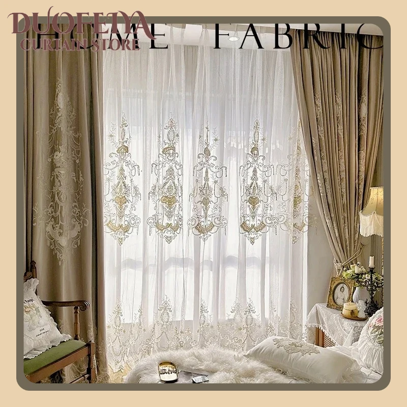Embroidery Milk Tea Coloured Velvet Curtains for Living Room Bedroom Balcony Embroidered Curtains Villa Curtains Customised Lace