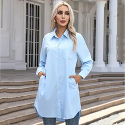 Long Women Shirt White Shirt Women Clothing Long Sleeve Blouse Pocket Button Up Shirt Oversize Autumn Fashion Shirts and Blouses