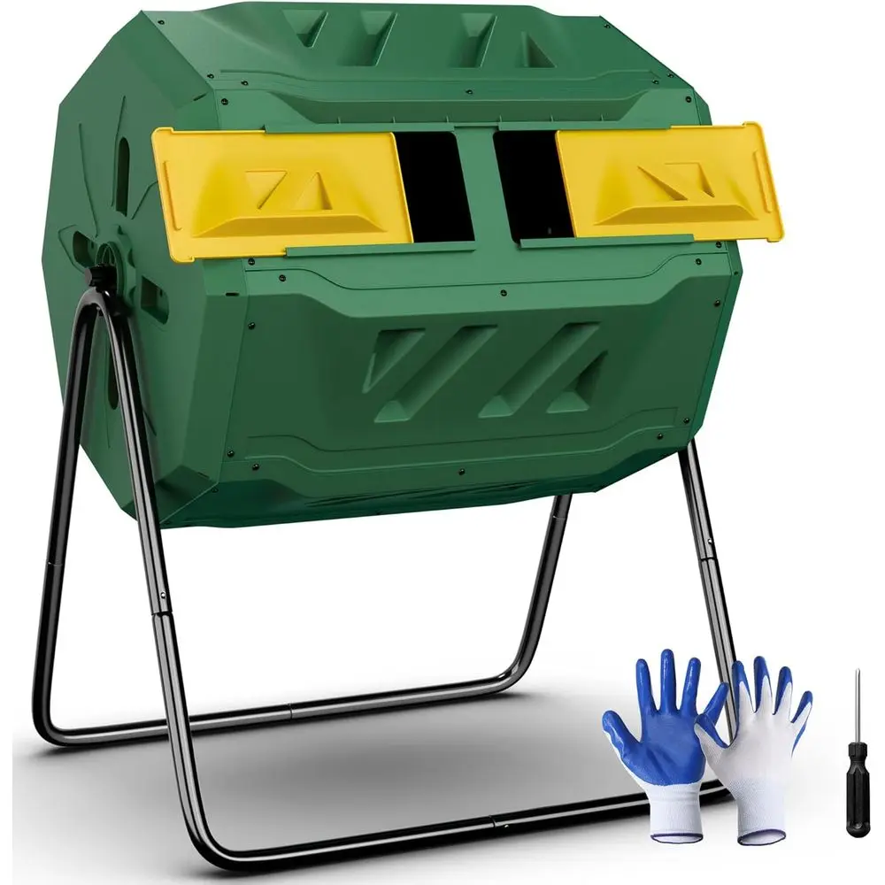 43 Gallon Dual Chamber Rotating Compost Bin with Sliding Door for Garden Use