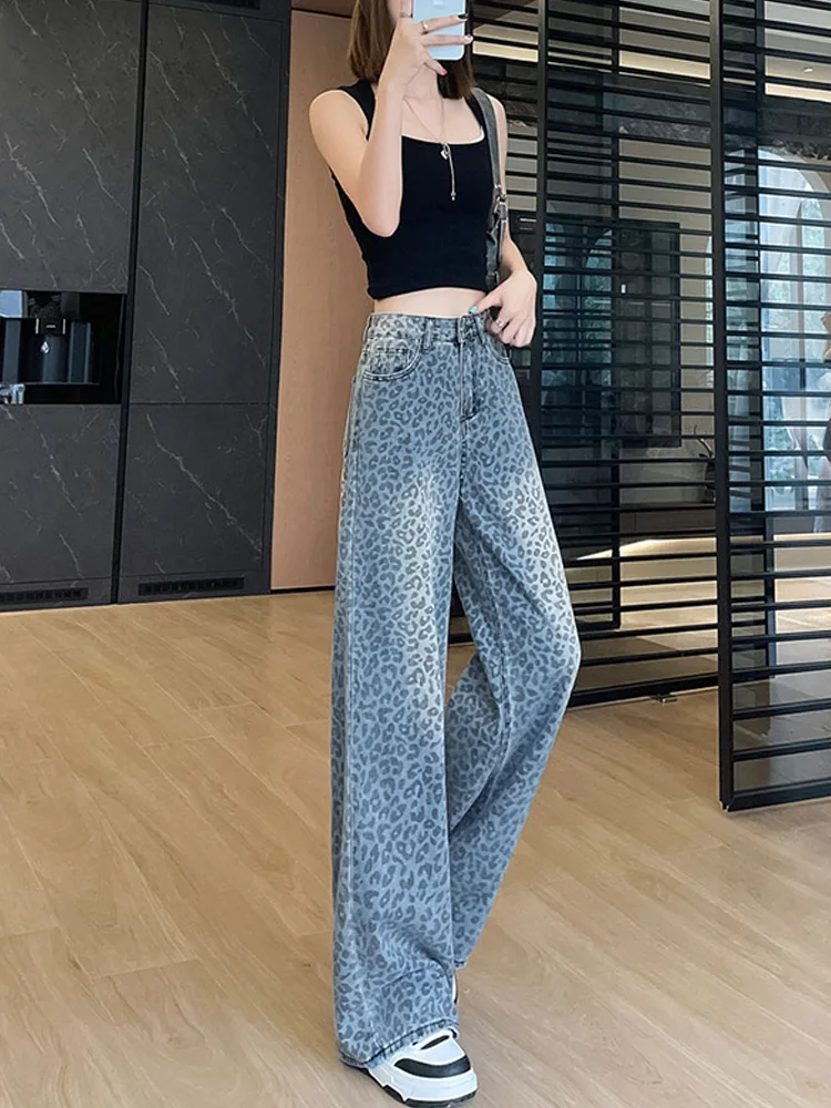 Vintage leopardo impressão jeans feminino cintura alta streetwear casual perna larga calças jeans em linha reta baggy jeans