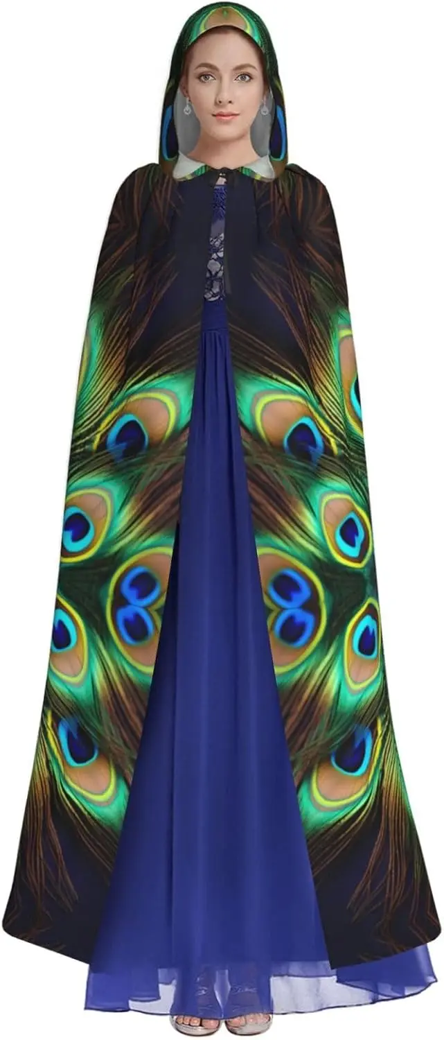 Halloween Adult Hooded Cape Cloak Peacock Feathers Picture Super Large Hooded Cloak with Bow Tie