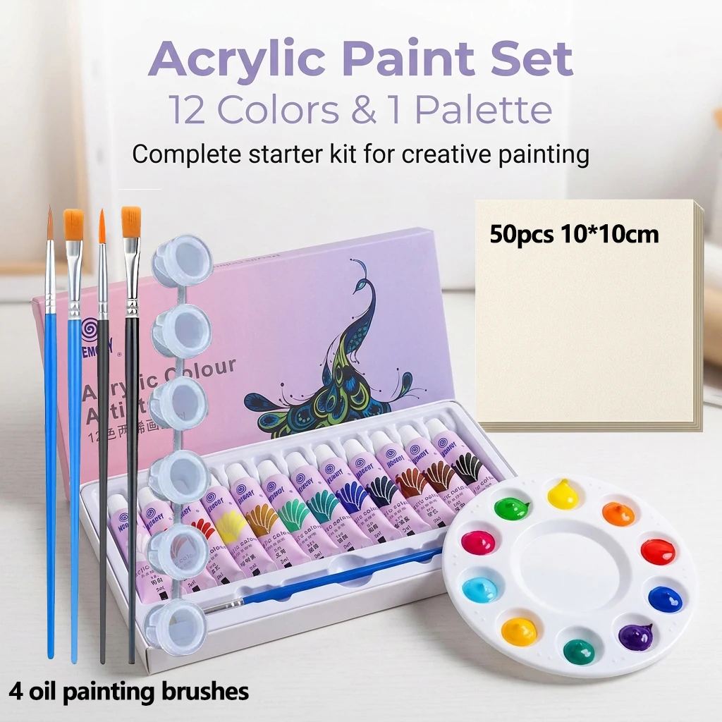 Art Deal 12/24 Colors 5ml Acrylic Paint Set with Palette Paint Box 10 Sheets 10x10cm Watercolor Paper And 4 Oil Painting Brushes