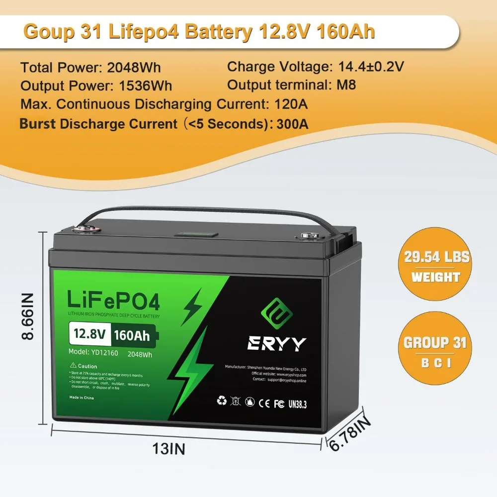12V 160Ah LiFePO4 Battery, Group 31 Deep Cycles Lithium Battery, Low Temperature Protection, 100A BMS, 4000+ Cycles Battery for