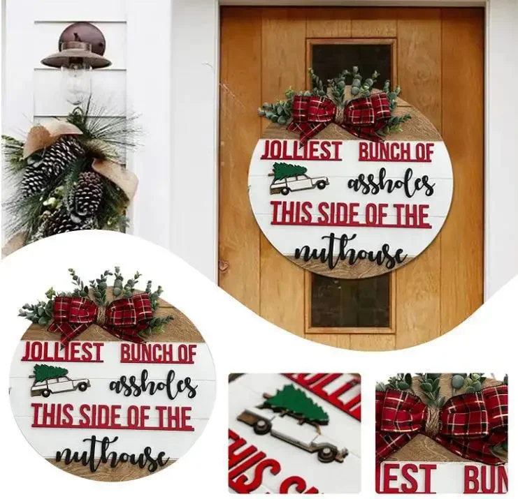 1pc Christmas Door Sign Christmas Round Front Door Welcome Sign Funny Clark Griswold Theme Door Hanger Wooden Wreaths Home Wall