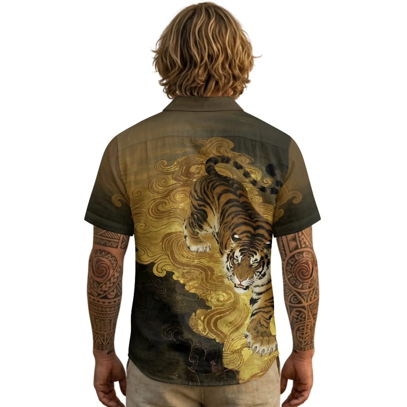 PENSTROLL Golden Tiger Pattern Linen Style Hawaiian Shirts Breathable Beach Tops for Men S-3XL