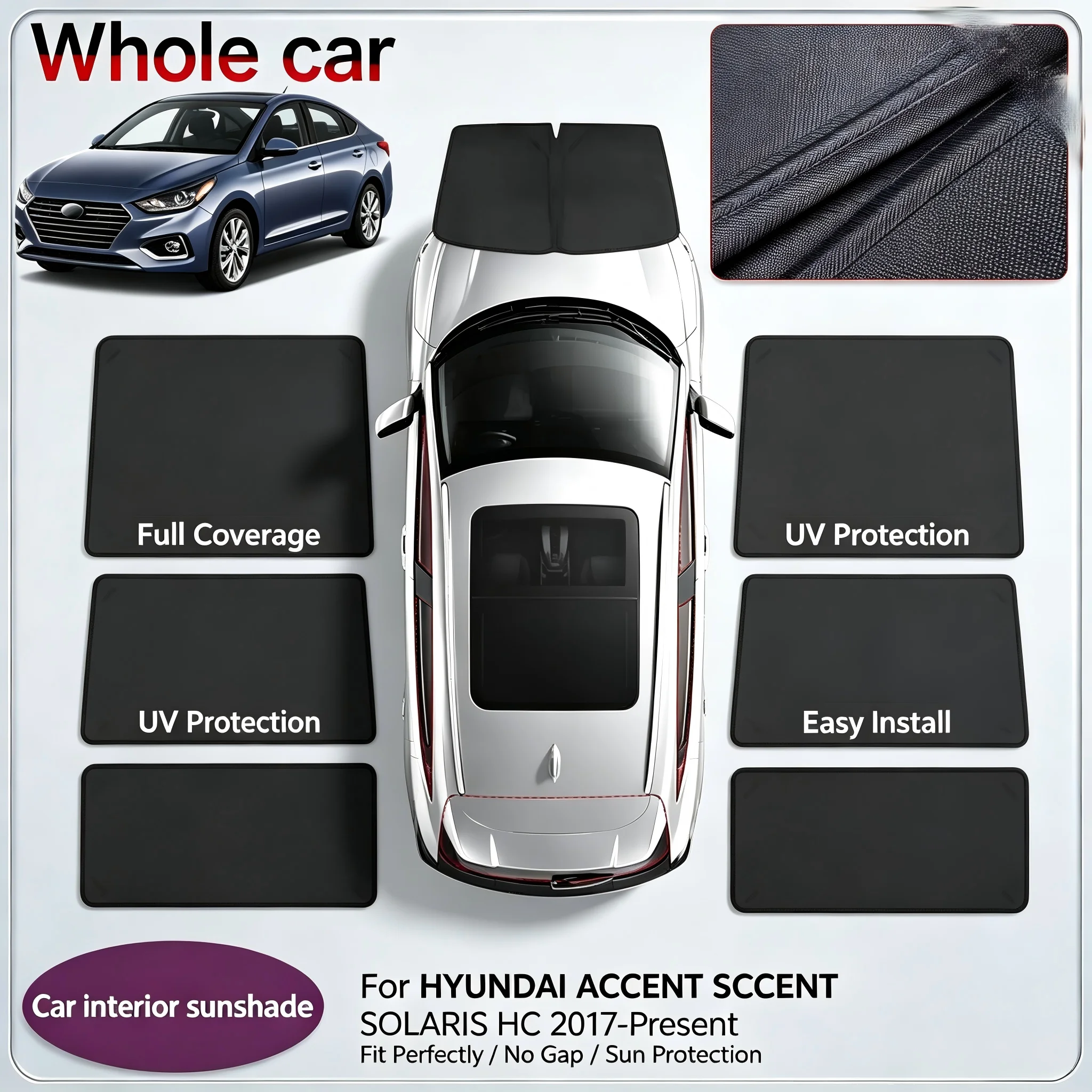 Anti-UV Heat Insulation Black Privacy Window Sunshade Interior Parts For Hyundai Accent Solaris 2017-2026
