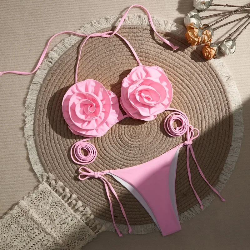 

New Style Sexy 3D Flower Lace Trangle Thong Two -Piece Bikinis Set for Women Summer Swimewear Beachwear Biqunis Mujer Resort