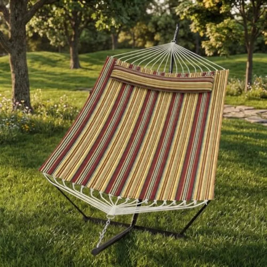 

Double Hammock with Stand, 2 Person Outdoor Hammock, 450 Lb Capacity, Pillow Included, 12 ft Stand for Patio, Backyard, Poolsid