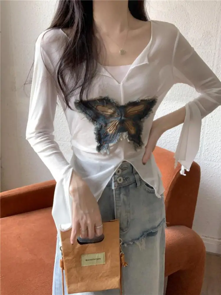 

Весна-Осень, черный, белый, коричневый, лоскутный, с бабочкой, v-образным вырезом, с длинными рукавами, тонкий пуловер, футболка, женские универсальные топы для отпуска 2025