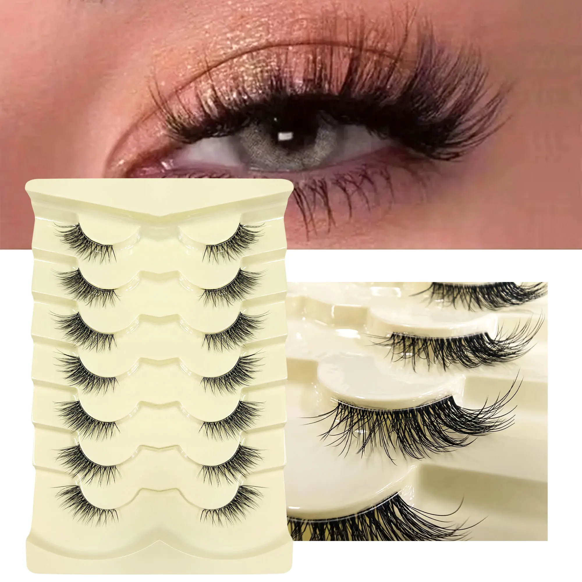 7 paar 3D halve wimpers, transparante band, langwerpige buitenhoeken, zacht en natuurlijk, geschikt voor dagelijks gebruik.