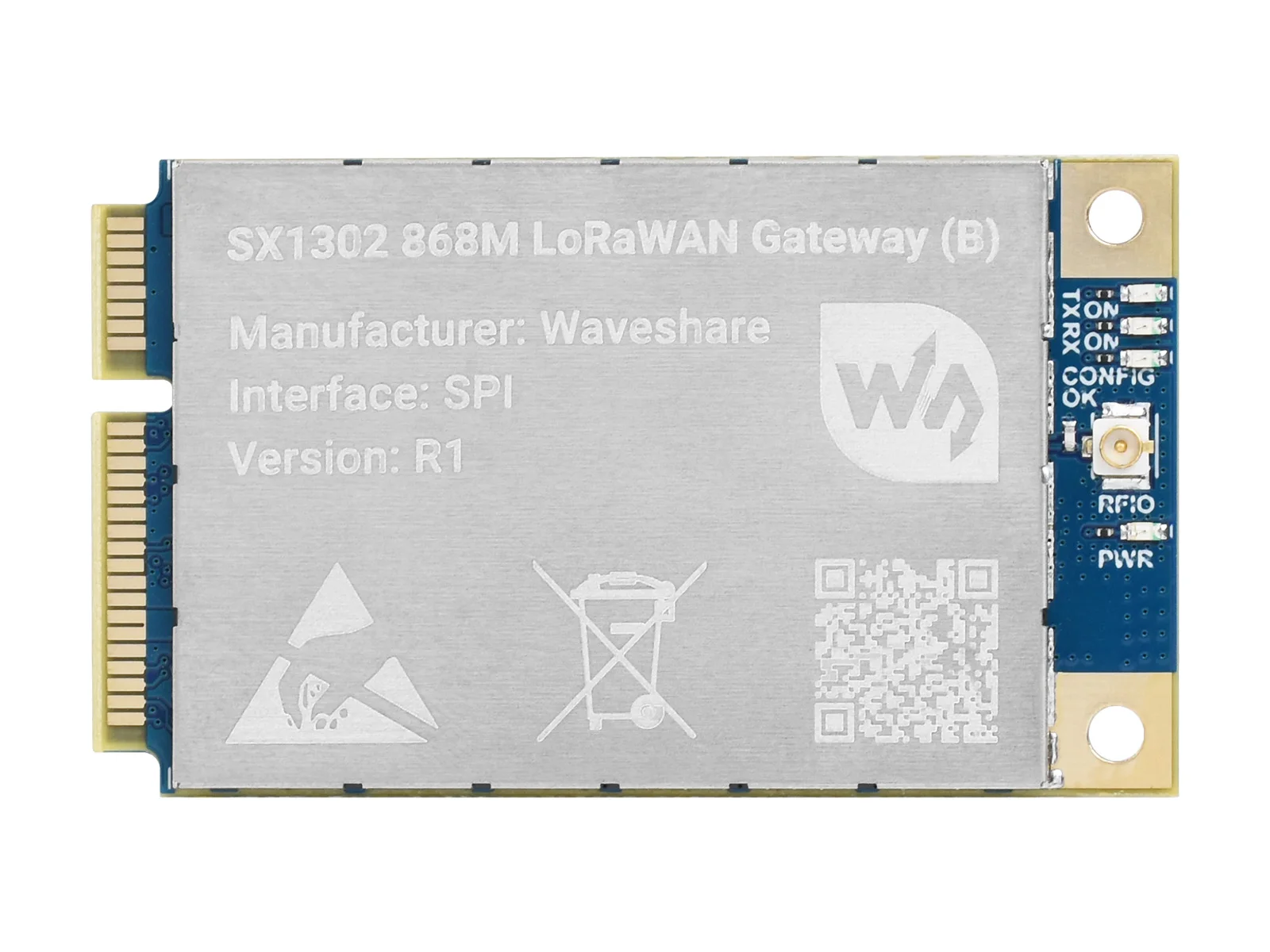 Waveshare sx130x 868m/915m módulo de gateway loRaWAN/chapéu para raspberry pi, soquete mini-pce padrão, transmissão spi de longo alcance
