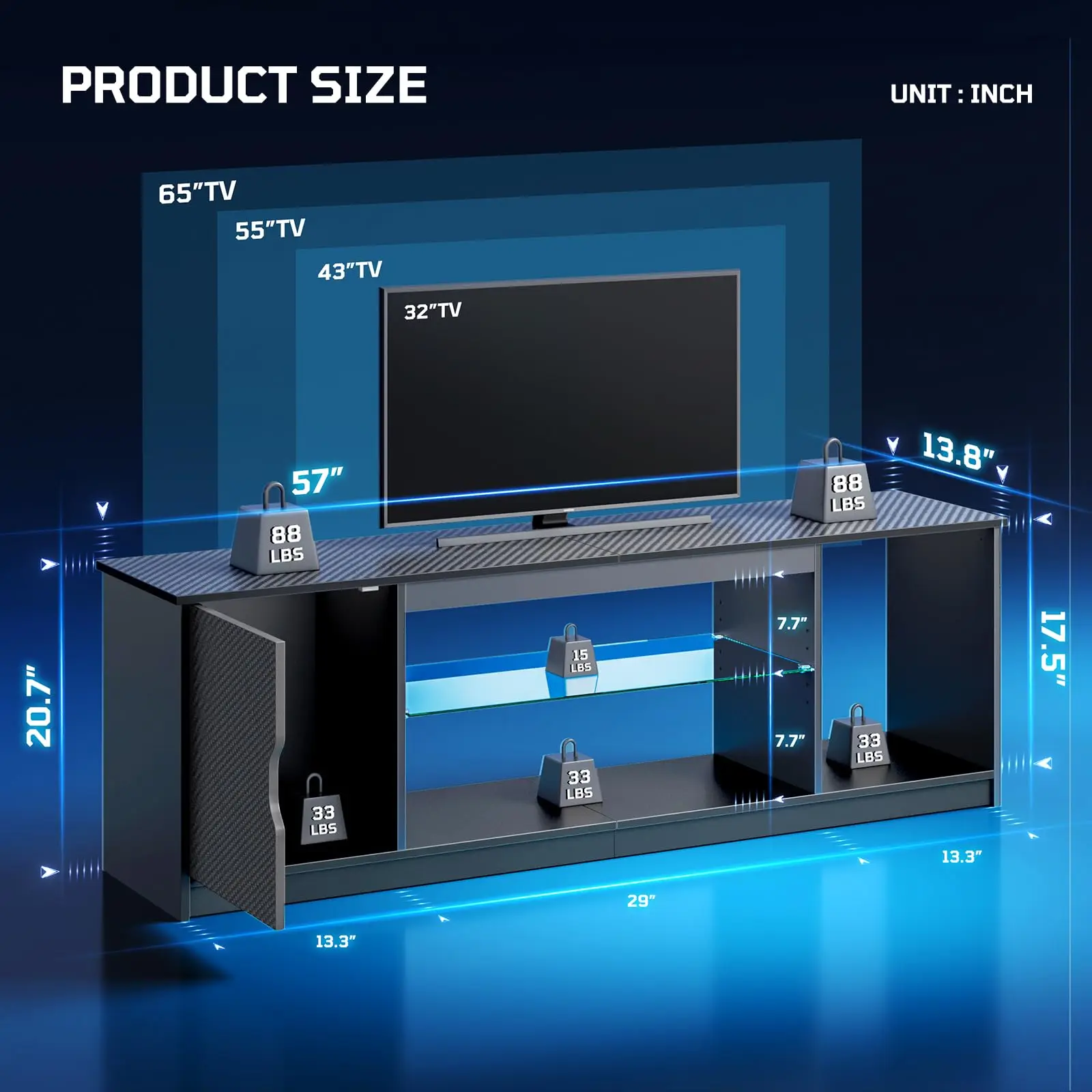 57 Inch LED TV Stand for 55-65 Inch TVs, Gaming Center, Black
