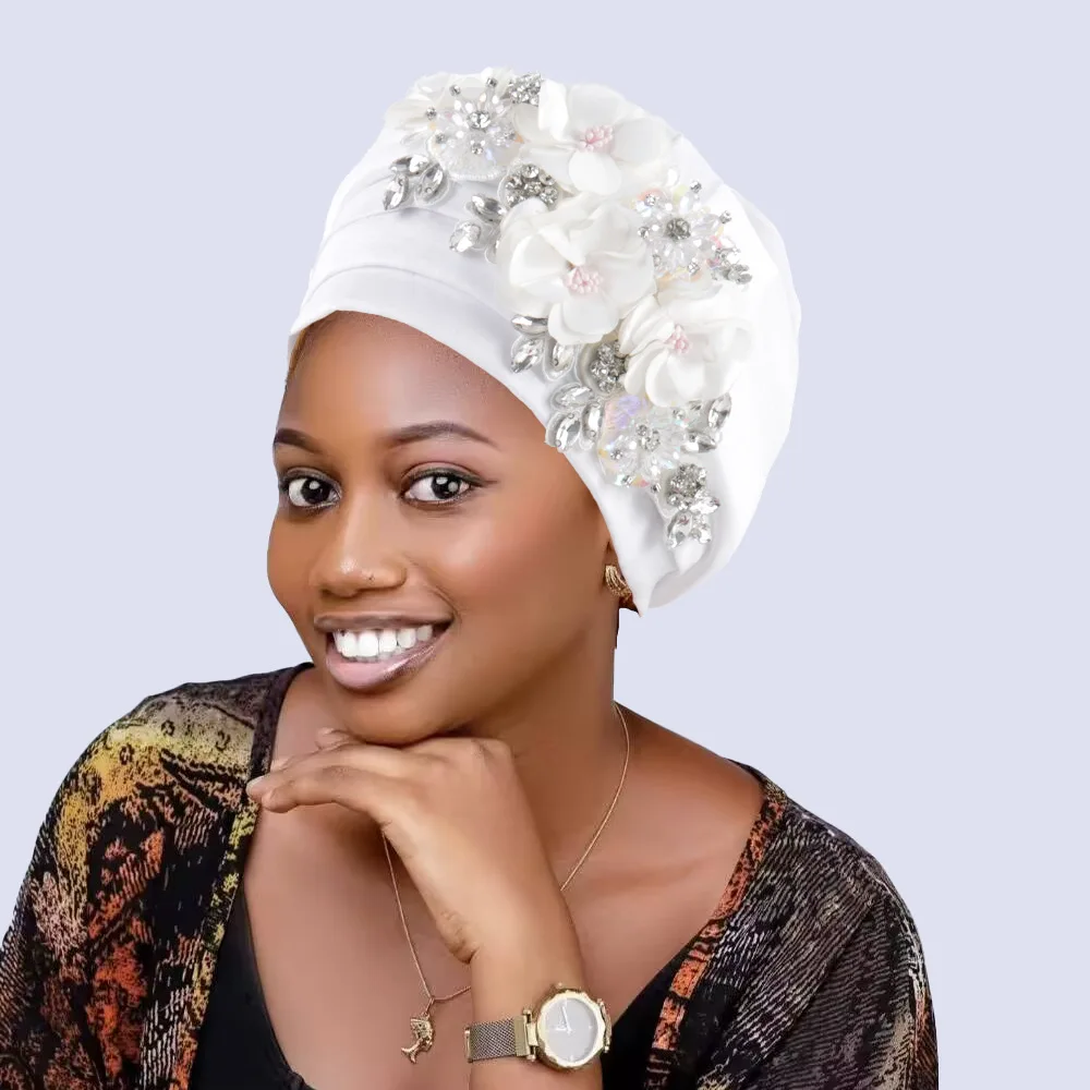 Indian African Women's Turban Cap Nigeria Auto Gele Headtie Already Made Wedding Geles Female Head Wraps with Diamond Flower Hat