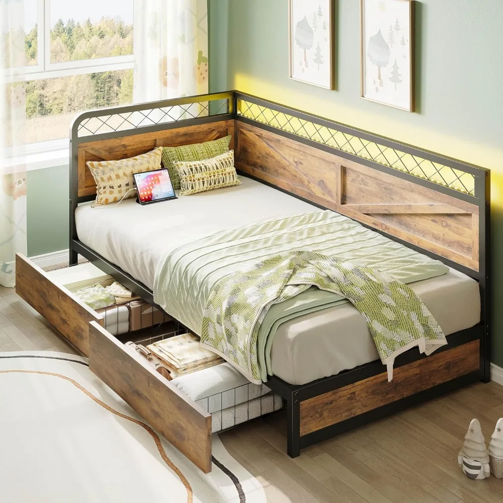 Twin Daybed with Storage Drawers, Corner Bed Frame with LED Lights and Charging Station for Living Room, Bedroom and Guest