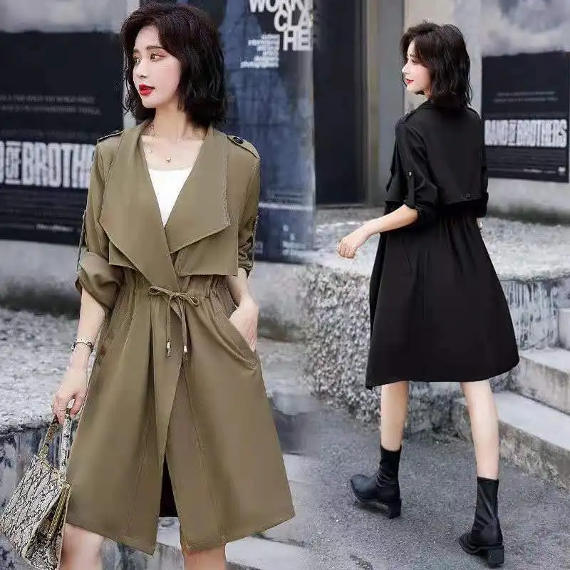 

Women'S Leather Trench Coat Anti-Splash Petite-Friendly Deep Laced Rainproof Monochromatic Chinese-Style Khaki Green Overgarment