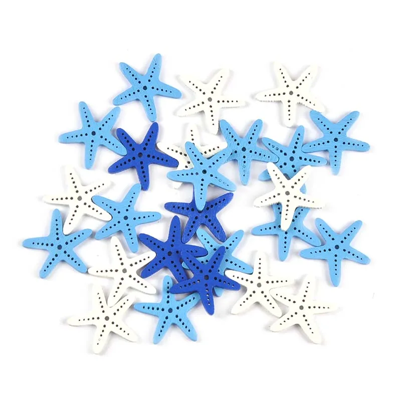 50pcs 30mm Mixed White/blue Starfish Wood Pieces For DIY Crafts Scrapbooking Home Handmade Decor Wooden Hanging Ornaments C4085