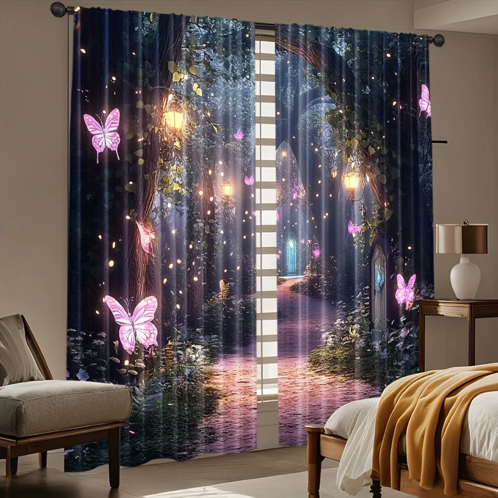 Enchanted Fairy Forest Curtain Panels,Glowing Butterfly Lantern Path Elf House Print Drapes for Fantasy‑Theme Bedroom Home Decor