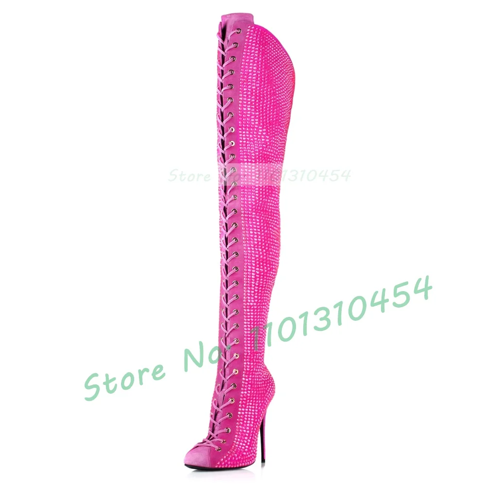 Crystal Cross-tied Thigh High Boots Women Hot-pink Round Toe High Heels Slim Tall Boots Ladies Streetwear Suede Dress Shoes