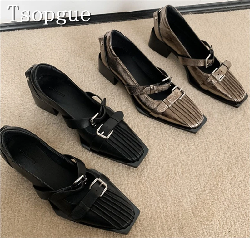 

Fashion Designer Women Mary Jane Shoes Square Toe Middle Thick Heel Buckle Strap Shoes Office Lady Working Shoes