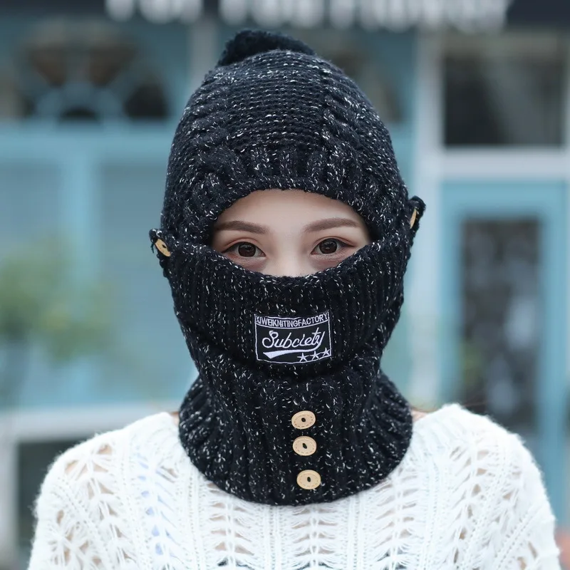 2022 New Winter Knitted Beanies Women Thick Warm Skullies Hat Female Balaclava Bonnet Outdoor Riding Solid Color Sets Wholesale