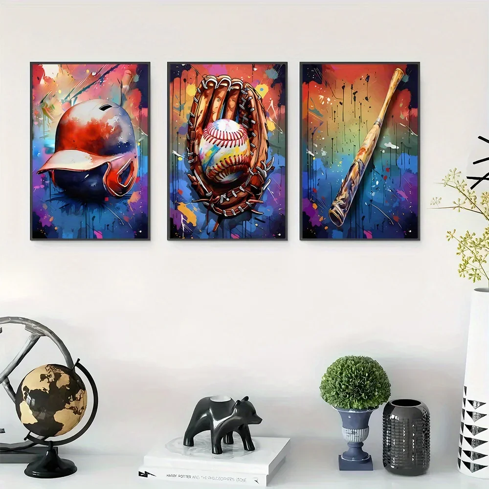 (No frame)3pcs Baseball Canvas Art Prints, Unframed Sports Gear Wall Decor, Modern Rustic Art Deco Style, Ink Paintings of He