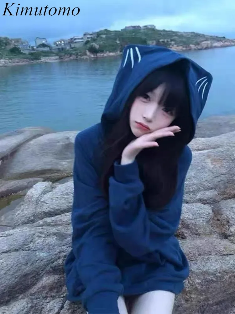 

Kimutomo толстовки женские в консервативном стиле с мультяшными кошачьими ушками осень-зима свободная верхняя одежда винтажные Y2k эстетические толстовки в стиле Харадзюку