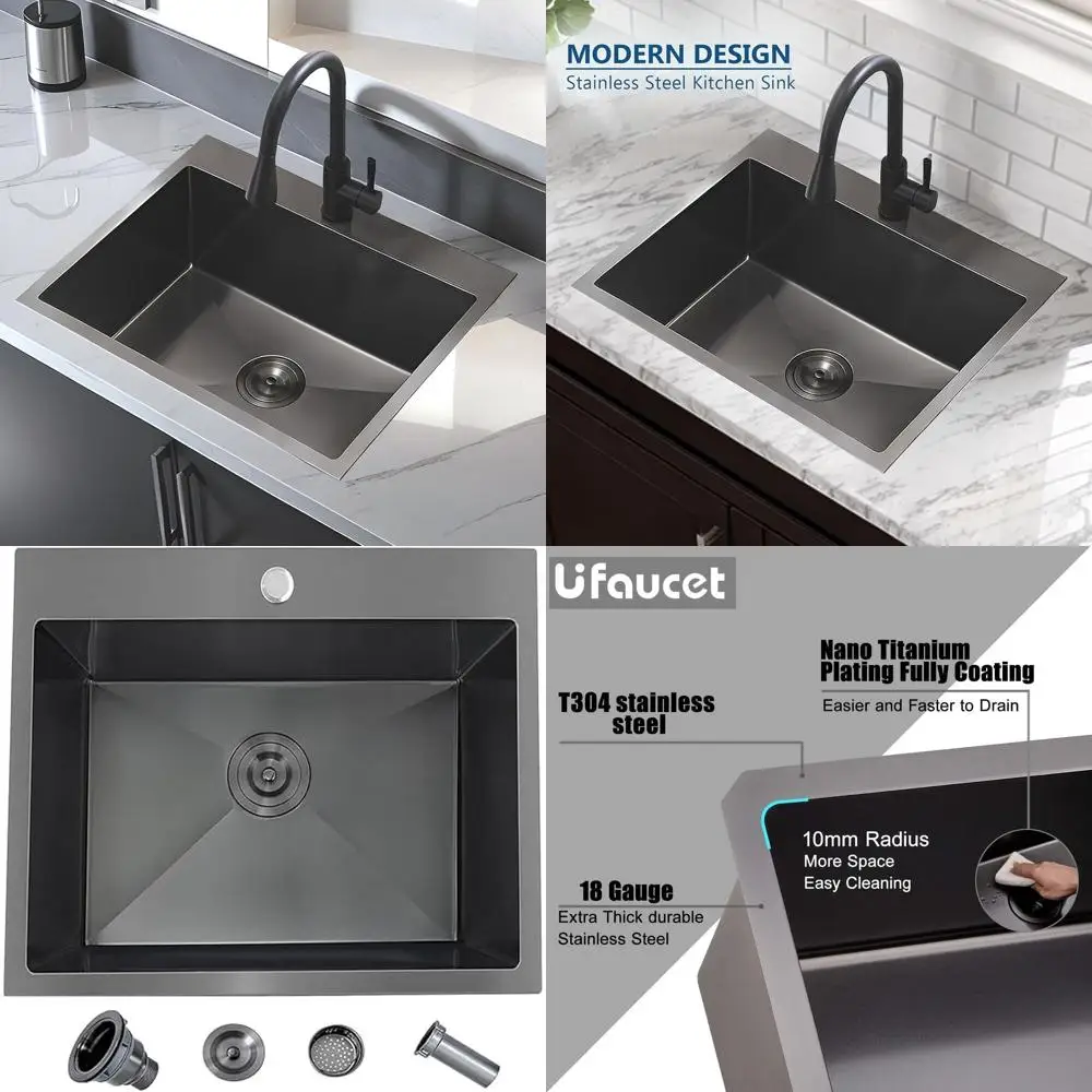

24 Kitchen Sink, 25 Single Bowl, Black, Stainless Steel, Topmount, Utility, Outdoor, Commercial