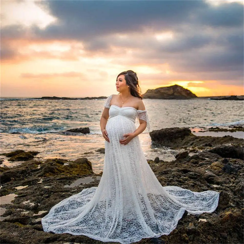 

European & American Maternity Dress - Lace Detailing with Flutter Sleeves & Train Short-Sleeve Photoshoot Maxi Dress Photography