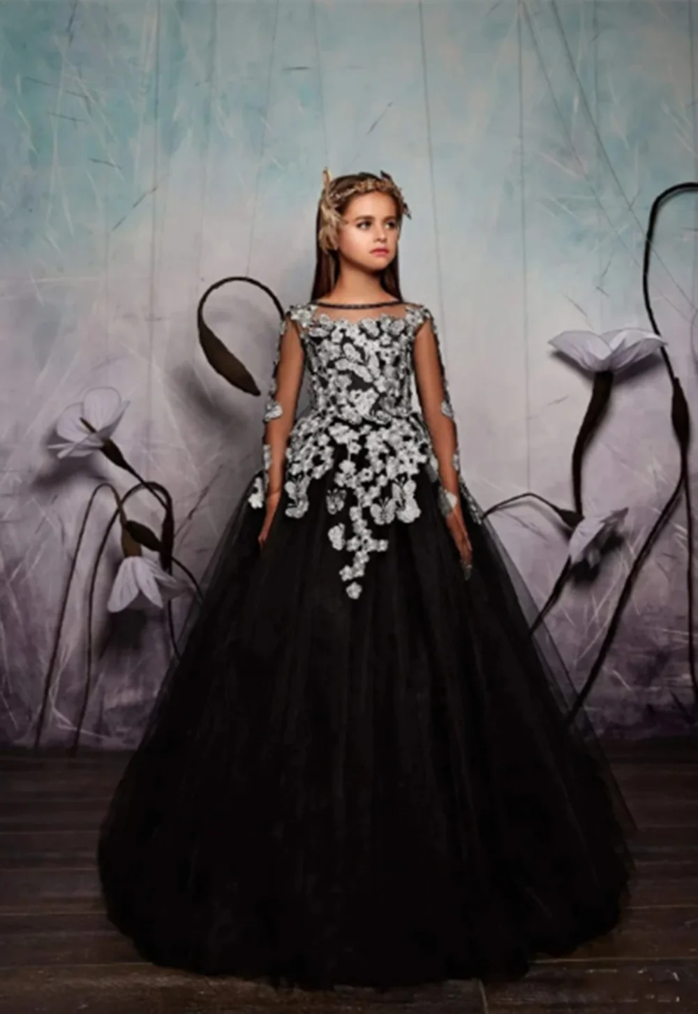 

Black Flower Girl Dress For Wedding Sliver Lace Applique Tulle A-Line Dresses Girls Elegant Birthday Party Ball Gowns Customized