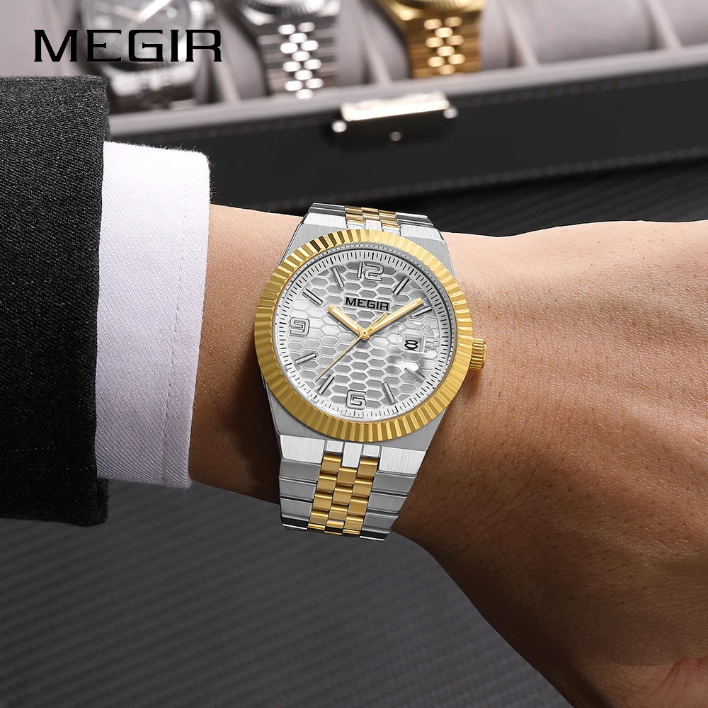 MEGIR New Men Watches Luxury Top Brand Business Waterproof Quartz Watch for Man Stainless Steel Luminous Male Date Wristwatch