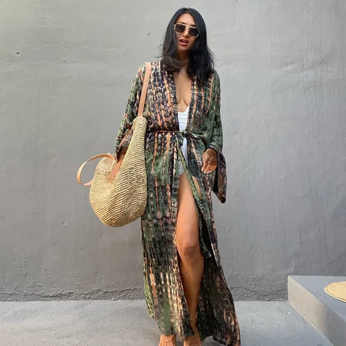 Imagen 2 del producto Cubierta de playa para mujer, cárdigan tipo kimono con estampado Tie Dye, vestidos envolventes con cinturón, trajes de baño para vacaciones de verano