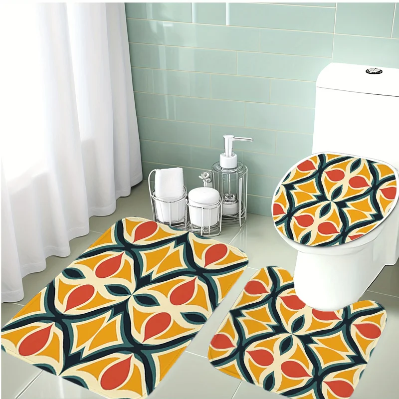 

Yellow Geometric Leaf Bath Set Three Piece Mat Toilet Lid Cover and U Shaped Rug Soft Non Slip Surface for Bathroom Decor