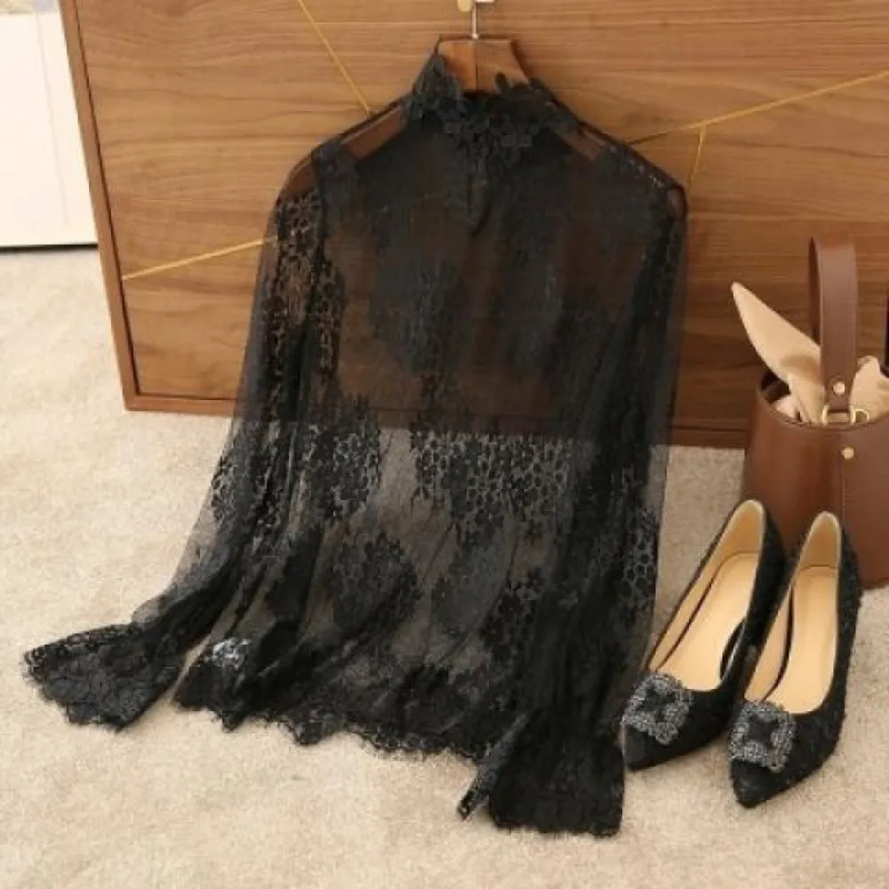 

Fashion Black Lace Blouses Mesh High Collar Mesh Blouses Transparent Long Flared Sleeve Mesh Sheer Long Sleeve Summer Season